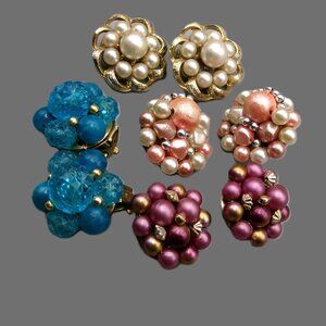 4 Bead Cluster Clip Earrings Lot, Coro, Japan, Hong Kong, Vintage Jewelry
